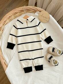 SHEIN Newborn Baby Boybabygirl Autumn And Winter Cute Striped Long Sleeve Polo Neck Sweater Crawling Suit Jumpsuit Baby Shower Cute Sweater Gemütliche Herbst- & Winterstile