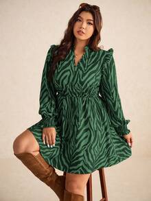 Elaquor Plus Size Colorblock Print Long Sleeve Dress/Fall/Winter Plus Size Shirt Dress - Dark Green - View 4