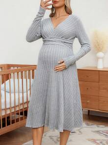 SHEIN 孕妇休闲纯色高腰连衣裙，秋季 - 灰色 - 查看 3