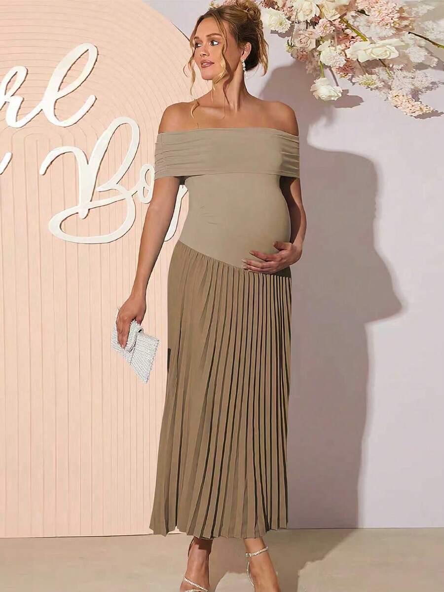 Loomaby 优雅简约露肩褶边孕妇装，夏季 - 卡其色 - 查看 1