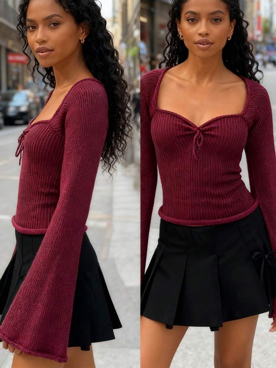 Jouncy Women Solid Color Knotted Off Shoulder Elegant Long Sleeve Sweater Knit Pullover Fall Winter - Burgundy - View 1