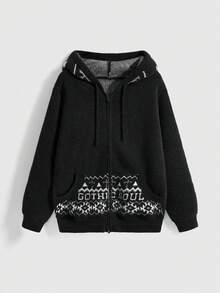 ROMWE Grunge Punk Sudadera con capucha de punto con esqueleto estilo Punk Y2K para mujer - Negro - Ver 2