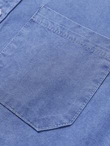 Manfinity Homme Casual Men Plain Medium Wash Denim Long Sleeve Shirt With Collar And Pocket Regular Fit Denim Top Elastic Cotton Denim Shirt, Fall - Medium Wash - View 4