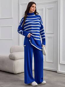 SHEIN Tall 女款條紋高領蝙蝠袖毛衣與純色長褲兩件套，適合高個女性 - 彩色 - 查看 4