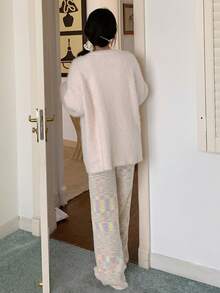 DAZY V-Neck Loose Knit Long Sleeve Top & Pants 2 Pieces Lounge Set For Women, Casual Loungewear For Autumn/Winter, Cozy Outfit Thermal Lined Clothes - Pink - View 2