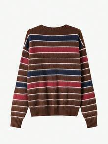 Manfinity Hypemode Men's Casual Colorblock Striped Sweater, Autumn/Winter - Coffee Brown - View 5
