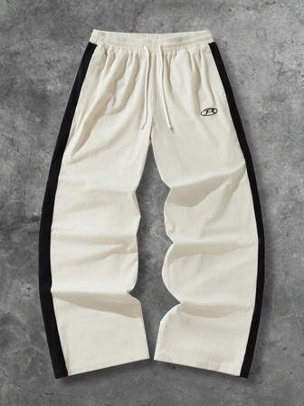 Street Life Pantaloni casual da uomo con stampa di lettere, vita con coulisse, vestibilità ampia, colore a contrasto, adatti per autunno/inverno