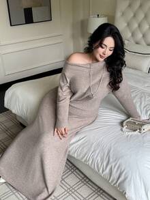 Vibekara 秋冬休闲露肩不对称蝙蝠袖针织毛衣和裙子套装 - 卡其色 - 查看 5