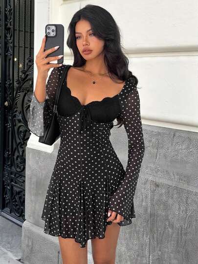 MainGRL Black Polka Dot Casual Long Sleeve Mini Dress, For Going Out Outfits, New Arrival For Autumn Black Polka Dot Dress Polka Dot Dress Black Dress Women Dress Long Sleeve Dress