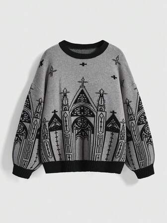 Goth Gotischer, dunkler Halloween Loose Fit Damen Pullover mit hohem Kragen, Schloss-Kreuz und Laternenärmeln