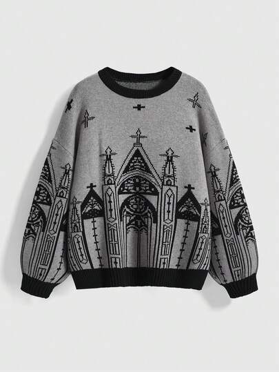 Goth Pull ample pour femmes à col montant, manches lanternes et motif croix de château gothique sombre pour Halloween