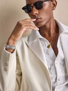 AKNOTIC 男士纯色通勤西装套装，圣诞派对宴会商务休闲西装外套和裤子两件套，男友礼物节日服装，婚礼 - 米色 - 查看 3