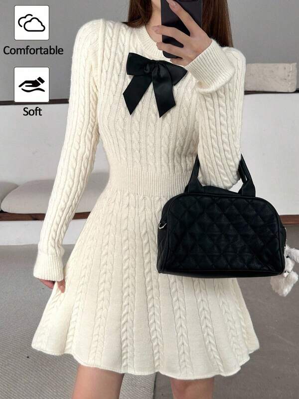 SHEIN Teen Girls Sweater Dresses Elegant Contrast Bow Decor Waisted Cable Knit Sweater Dress/Halloween/Fall/Winter/Glowmode/Autumn/Christmas/Y2k/Pink Cute Girl Dress Long Sleeve White Cable Knit Sweater Dress Bow Knit Dress Korean Dress For Teens