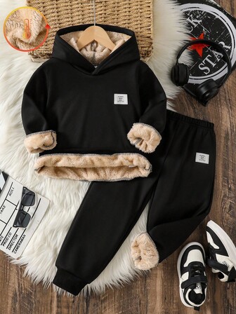 Genkimix Kids 2 件套年轻男孩休闲装，温暖的羊毛套装，配有舒适的长袖连帽衫和松紧腰运动裤，适合秋冬季，适合日常、户外和运动穿着，幼儿男孩套装