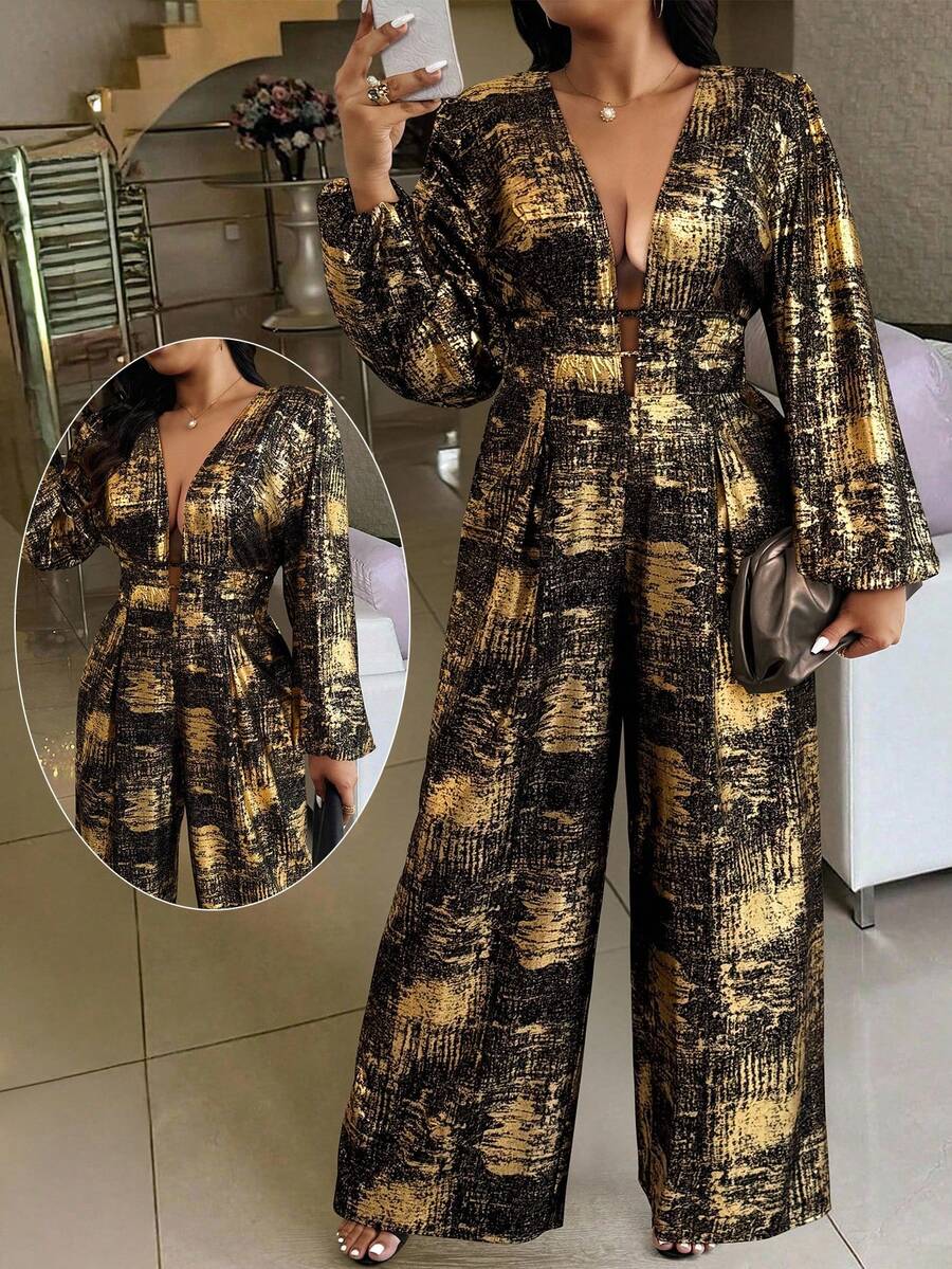 Cravure Christmas Plus Size Women's Foil Hollow Out Waist Jumpsuit, Autumn/Winter