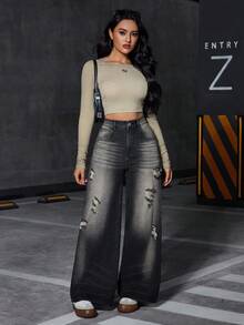 SHEIN Calça jeans feminina casual versátil, escura, desgastada, com perna reta