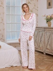 CottageSlumber Vintage Ditsy Floral Ruffle Collar Contrast Color Fitted Long Sleeve T-Shirt & Straight Leg Pants Pajama Set For Women, Winter Clothes - Multicolor - View 3