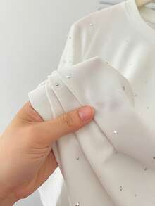 EMERY ROSE Women's Casual Solid Color Rhinestone Embellished Round Neck Short Sleeve T-Shirt, Suitable For Daily Wear, Autumn - White - View 3