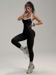 Slayform 1 件女式无缝撞色交叉后腰运动紧身裤，适合跑步、健身、瑜伽、舞蹈、体操 - 黑與白 - 查看 3