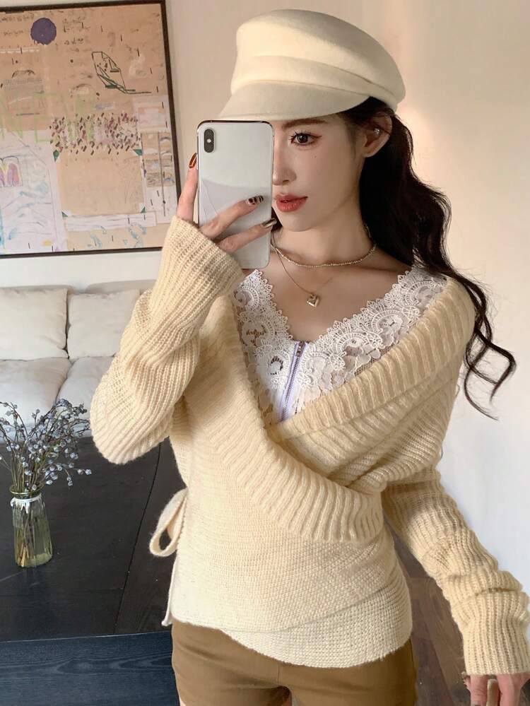 Women's Casual Elegant Solid Color Minimalist Pullover Knit Sweater, Fuzzy Texture, Autumn/Winter