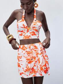 Maija 2025夏季新款V领系带蝴蝶结金属装饰上衣和印花迷你裙两件套，性感度假装 - 彩色 - 查看 5