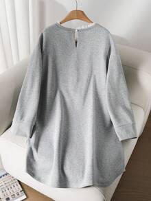 CosyJoli Plus Size Casual Round Neck Ruffle Patchwork Split Loose Sweatshirt Dress