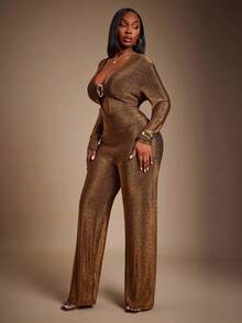 Radiana Plus Size Women's Elegant & Sexy High Stretch Metallic Shiny Fabric Asymmetrical Metal Buckle Deep V-Neck Jumpsuit, Autumn/Winter