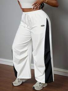SHEIN PETITE CURVE Plus Size Women's Summer Concert Streetwear Going Out Color-Blocked Parachute Pants