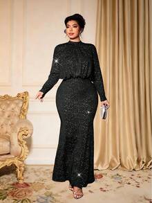 Cravure Plus Size Women's Autumn/Winter Knitted Glitter Fabric Round Neck Gathered Shoulder Long Sleeve Cinched Waist Flared Hem Casual Elegant Party Dress