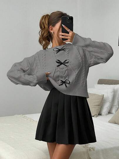 SHEIN Women's Casual Drop Shoulder Bow Knot Cable Knit Sweater, Autumn/Winter