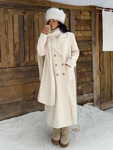 SHEIN EZwear 女士冬季双排扣长款大衣，带围巾设计，秋冬季奶油色大衣，舒适保暖 - 杏色 - 查看 6