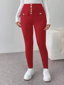 EMERY ROSE Pantalones ajustados de moda con diseño de botones de metal de unicolor para mujer - Rojo - Ver 6