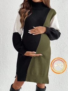 SHEIN Umstandsmode Lässig Farbblock Patchwork Rollkragen Strickkleid, Herbst/Winter