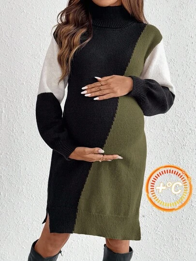 SHEIN Gravidklänning med polotröja och färgblock, höst/vinter