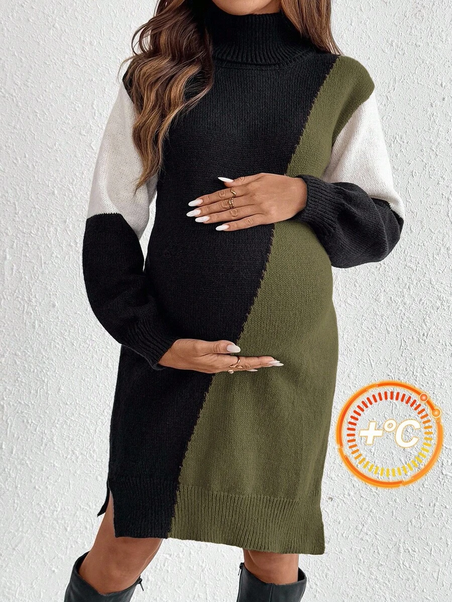 SHEIN Umstandsmode Lässig Farbblock Patchwork Rollkragen Strickkleid, Herbst/Winter