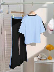 SHEIN Happikins Young Girl 2 Pieces Set:Blue New York Number 23 Striped Jersey Graphic T-Shirt & Flare Pants Summer Outfits,Back-To-School Sport Casual Wear - Multicolor - View 2