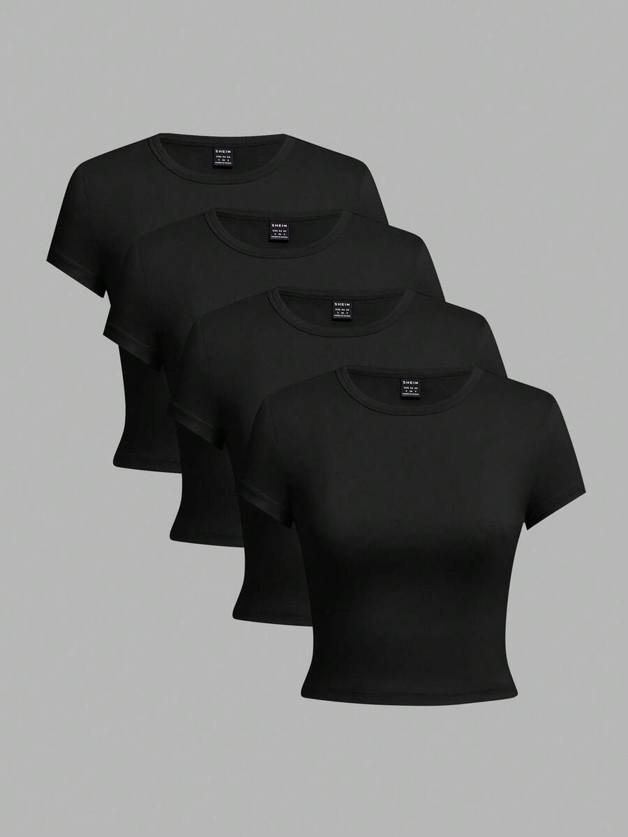 SHEIN EZwear 4 chiếc áo thun nữ cổ tròn tay ngắn màu đen, thoải mái, phù hợp cho mùa hè - màu đen - Xem 1