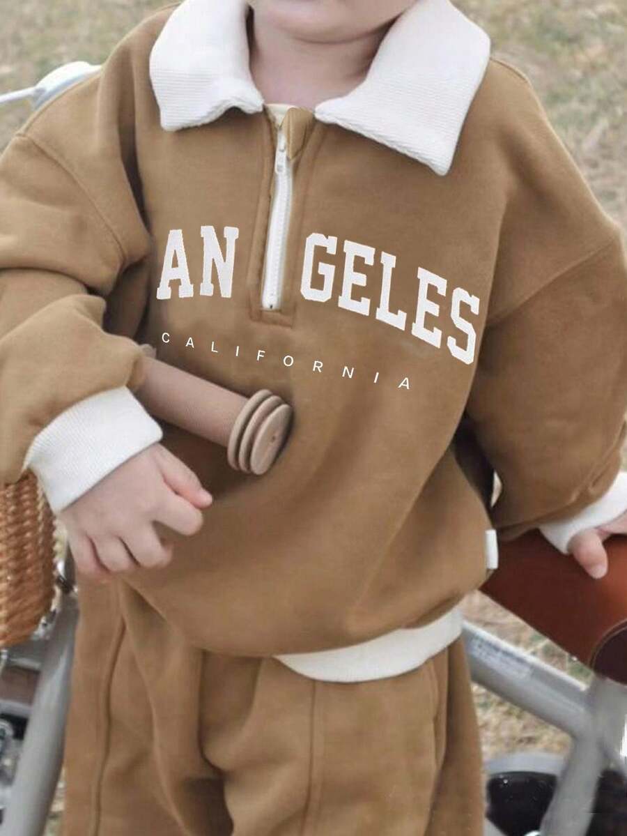 SHEIN Baby Boy/Girl Letter Pattern Knit Soft Contrast Collar Zip-Up Long Sleeve Sweatshirt And Pants Set Baby Boy Two Pieces Set Baby Boy Tracksuit Baby Boy Beige Outfit Baby Boy Los Angeles Outfit Fall Winter - Camel - View 1