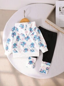 SHEIN 2pcs Girls Cute Stitch Hoodie Sweatshirt Set + Patchwork Leggings, Autumn/Winter