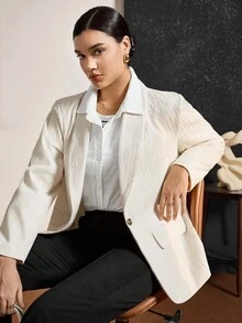 SHEIN LUNE Plus Size Single-Breasted Blazer For Women In Autumn And Winter, Suitable For Commuting, Autumn Casual Commuting Suit Jacket, Versatile Single Item, Apricot Suit Jacket, Women's Casual Waist-Length Long-Sleeved Lapel Thin Suit Jacket, Apricot, Autumn And Winter Old Money, Simple & Fashionable New Year Thanksgiving For Women Texture Fabric - Beige - View 7