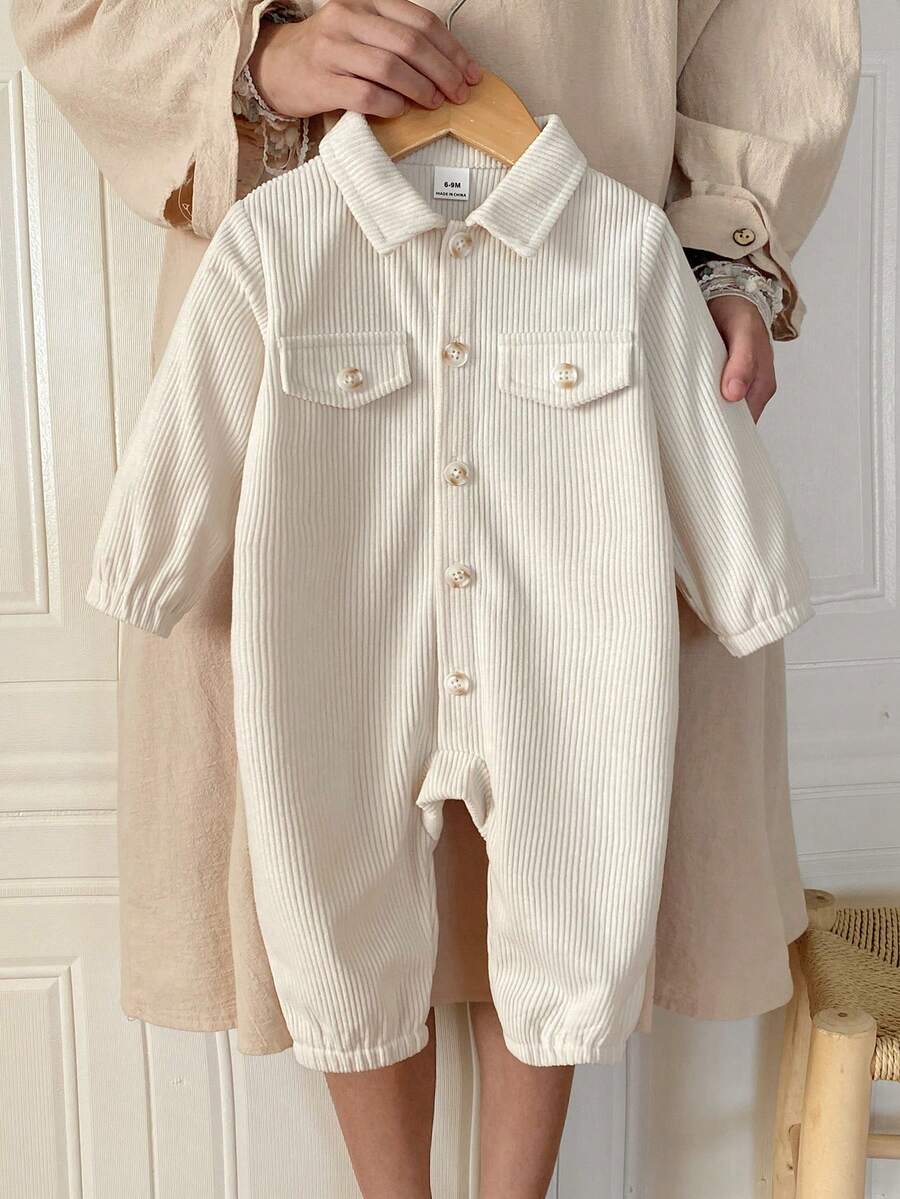 SHEIN Vintaside Kids Infant Boys' Casual Corduroy Lapel Cardigan Jumpsuit, Suitable For Daily Outings, School, Parties, Gatherings, Vacations, Sports, Baby Boy Clothing, Infant Clothing Neutral Baby Clothes Unisex Vintage Neutral Baby Clothes Baby Casual Jumpsuit Baby Coat Jumpsuit