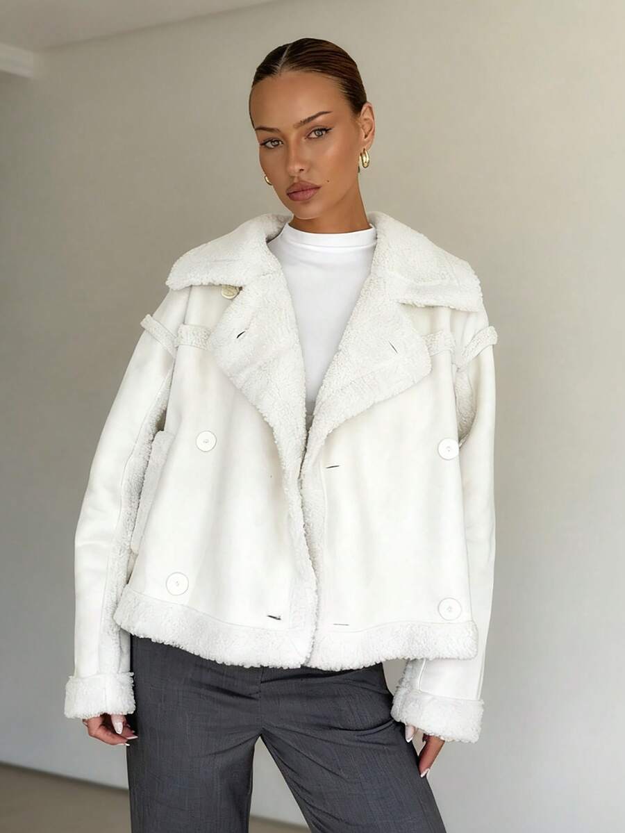 SHEIN ChicEase 秋冬款仿皮草宽松纽扣女式休闲长袖夹克 - 米色 - 查看 1