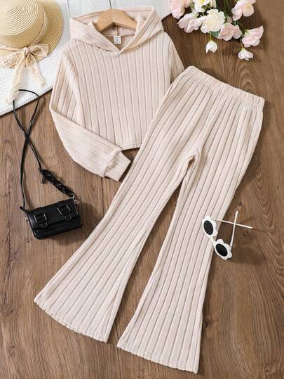 SHEIN Tween Girl Solid Hooded Tee & Flare Leg Pants