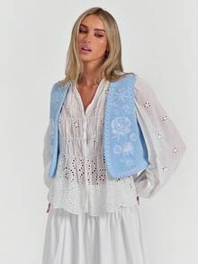 SHEIN Forever 21 秋季女式花卉刺绣马甲 - 藍色 - 查看 3