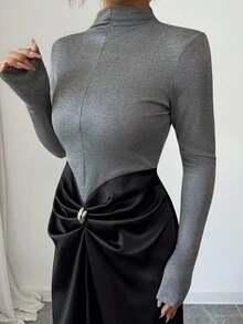 Modelyn Women's Color Block Elastic Fitted Waist Pleated Long Dress, Elegant High Neck Long Sleeve Asymmetrical Hem Dress - Black - View 5