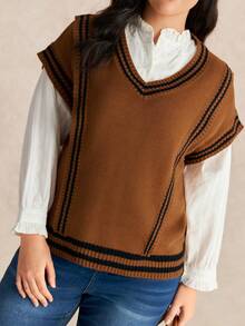 EMERY ROSE Women's Casual Loose Fit Plus Size Knit Sweater Vest, Suitable For Autumn/Winter Outerwear And Back To School - Brown - View 1