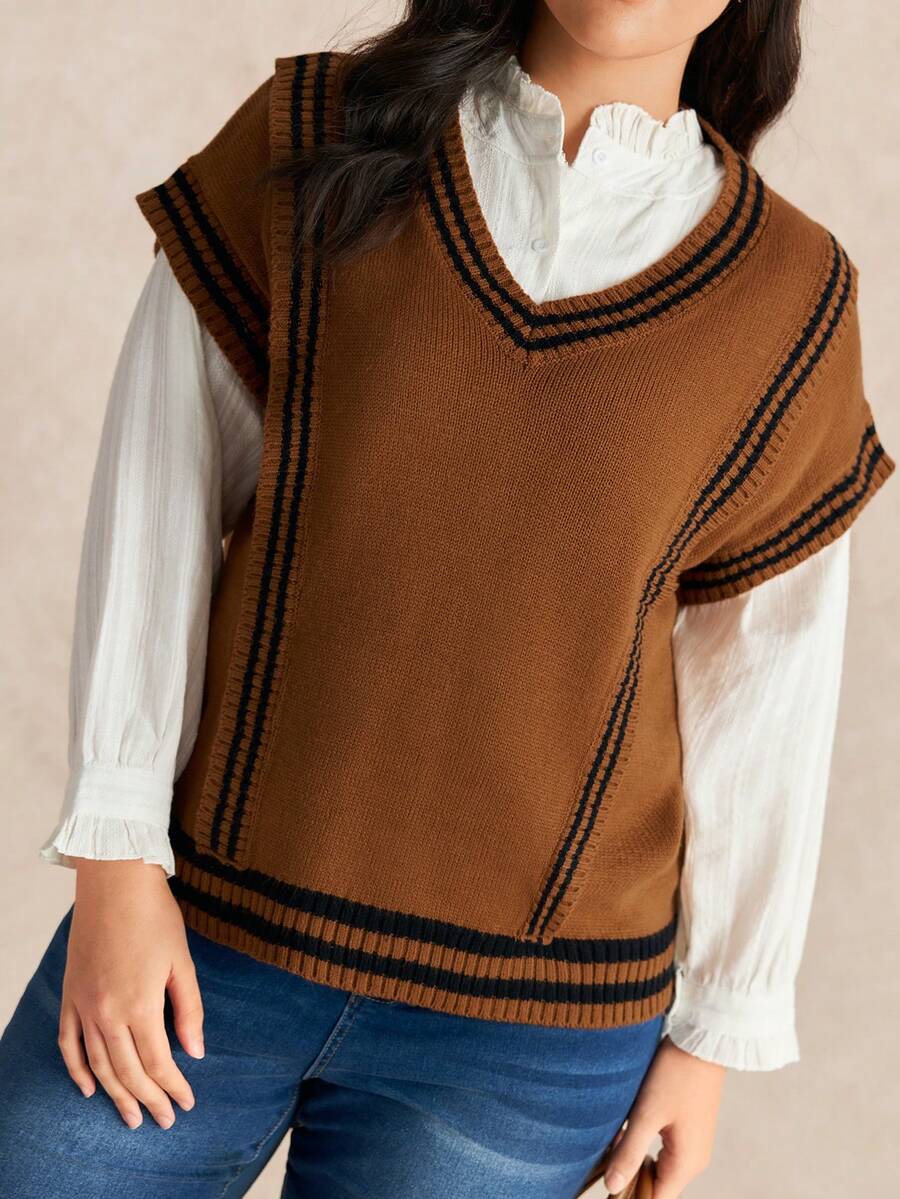 EMERY ROSE Women's Casual Loose Fit Plus Size Knit Sweater Vest, Suitable For Autumn/Winter Outerwear And Back To School - Brown - View 1