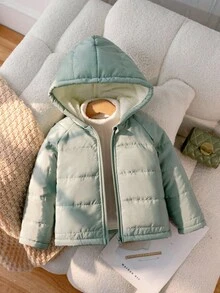 Elladie kids 1 件女童加厚保暖纯色插肩袖连帽常规夹克，前拉链开合，方便穿着，适合上学、家庭聚会、外出、日常穿着、秋冬 - 綠色 - 查看 4