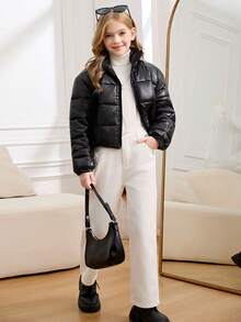 Retro American Cropped Padded Coat - Black - View 4