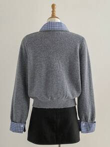 Sweetra 秋冬新款小马刺绣格子拼布二合一时尚宽松学院风长袖开衫